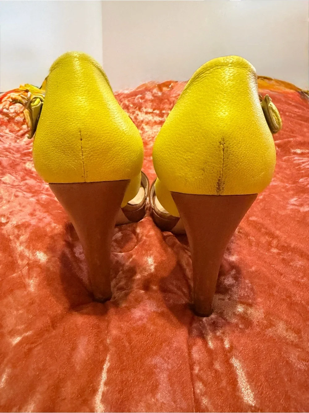 Longchamp Le Pliage Cuir Neon Yellow and Brown High Heel Sandals - Size 9.5/ 41